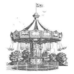 amusement park images using Old engraving style black color only