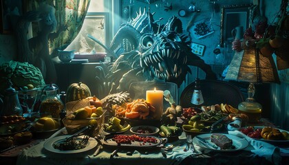 surreal food items morphed into grotesque shapes, mysterious shadows lurking in the dimly lit corners Employ innovative lighting techniques to heighten the horror element, creating a chilling yet capt - obrazy, fototapety, plakaty