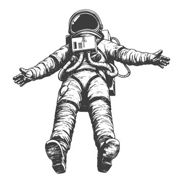 astronaut floating in space full body images using Old engraving style body black color only