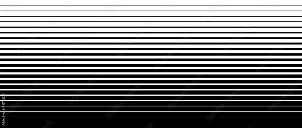 Poster Line halftone gradation texture. Fading horizontal stripe gradient background. Repeating pattern backdrop. Black parallel thin to thick lines backdrop for overlay, print, cover, graphic design. Vector