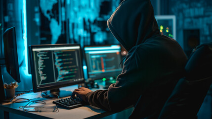 A cybersecurity expert wears a hood while working on multiple screens with code, signifying the fight against cyber crime