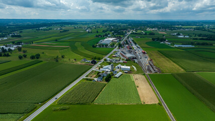Aerial View of a Rural Town Amidst Farmlands