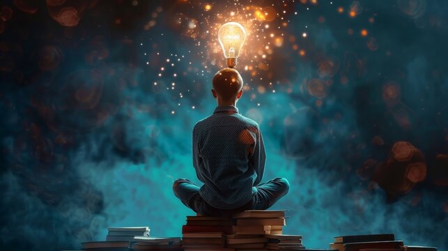 An imaginative composition of a person sitting on a stack of books with a glowing light bulb hovering above their head showcasing the power of unconventional thinking and the endless .