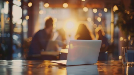 In a defocused image a group of people are gathered around a laptop engaged in an animated discussion about the latest digital marketing trends and strategies. The blurred background .