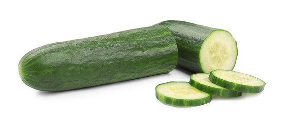 Halves and slices of long cucumber isolated on white