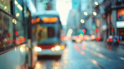 Defocused image of a bustling city street with a focus on the green public transport options emerging as a viable alternative to traditional cars. The blurred cityscape in the background . - obrazy, fototapety, plakaty