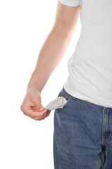 Poor man showing empty pocket on white background, closeup