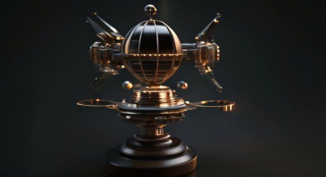 A detailed, metallic rendering of a satellite trophy on a dark background, awarded for advancements in space technology