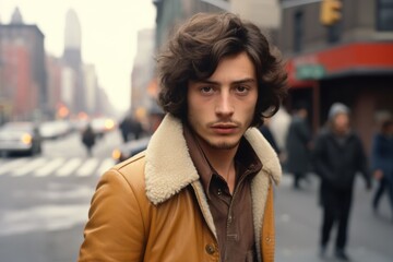 Young man in 1970s serious face on a city street