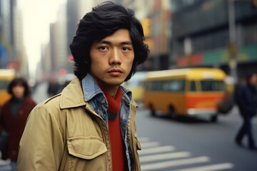 Young man in 1970s serious face on a city street