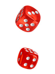 Two red dice in air on white background