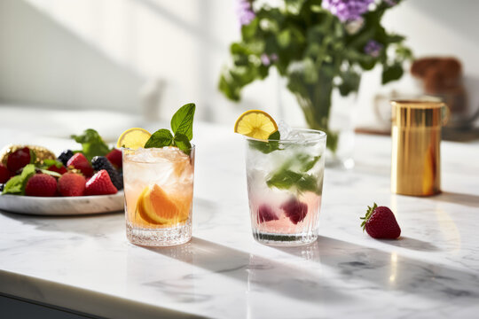 Brunch cocktails with berries and fruits on a marble countertop in a modern white kitchen