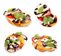 Delicious bruschetta with cream cheese, tomato and balsamic vinegar isolated on white, set
