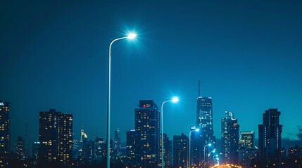 A city skyline illuminated by streetlights powered by algaebased biofuel demonstrating the potential for sustainable energy solutions. .