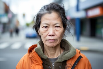 Mature elderly woman serious face sad angry on city street