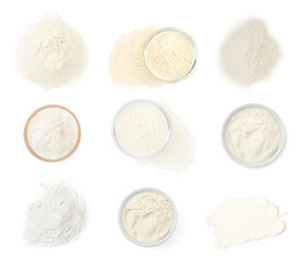 Set of baking powder isolated on white, top view