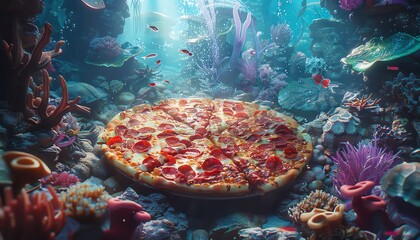 Imagine a surreal 3D scene where a pizza propels itself through an underwater world, surrounded by marine life - obrazy, fototapety, plakaty