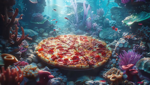 Imagine a surreal 3D scene where a pizza propels itself through an underwater world, surrounded by marine life