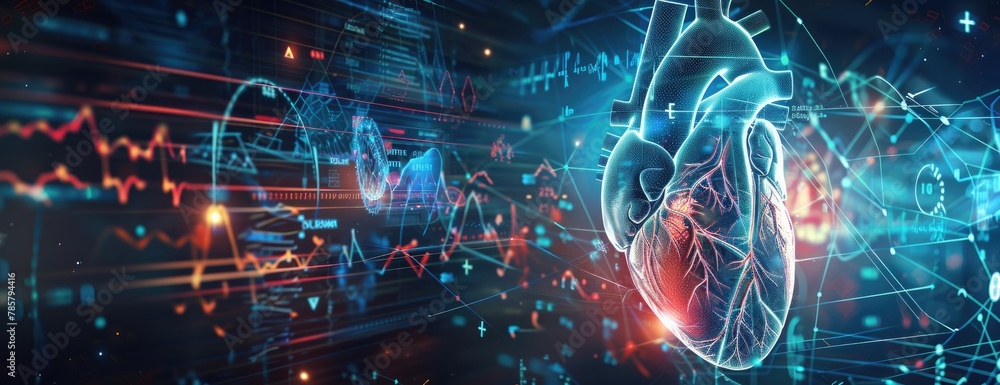 Sticker futuristic human heart with data visualization lines, representation, 3d created with ai