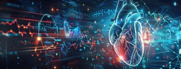 Futuristic human heart with data visualization lines, representation, 3d created with AI