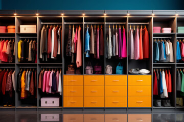 Colorful modern open closet with clothes of different rainbow colors - obrazy, fototapety, plakaty