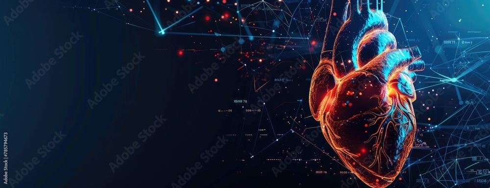 Poster futuristic human heart with data visualization lines, representation, 3d created with ai