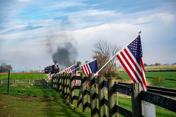 Americana Journey: Vintage Train and Flags