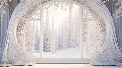 3D render of a white arch with a window, in a fantasy background, winter landscape