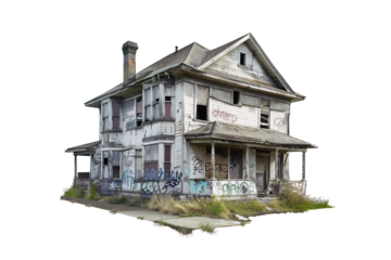Abandoned old house with graffiti vandalism over isolated transparent background