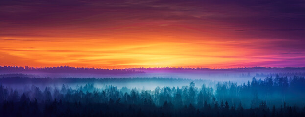 Fototapeta premium Panoramic realistic illustration of amazing colorful sunset in the forest