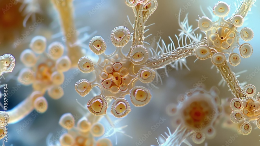 Poster a microscopic view of multiple fungal spores each one resembling a miniature flower with intricate p