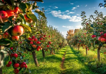 Apple orchard in autumn green grass, beautiful scenery, green nature - obrazy, fototapety, plakaty