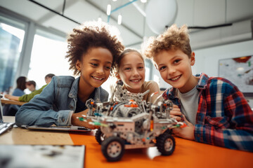 Young students girls and boys are working on engineering or STEM project together in the classroom