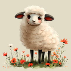 Eid al-Adha card template: Poster design featuring a cartoon sheep, decorated with Islamic motifs, celebrating the Muslim holiday with an illıstration style