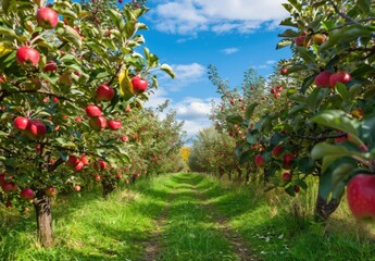 Fototapeta na wymiar Apple orchard in autumn green grass, beautiful scenery, green nature