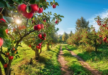 Fototapeta na wymiar Apple orchard in autumn green grass, beautiful scenery, green nature