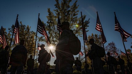 A group of soldiers pay respects to a fallen soldier at a cemetery where soldiers who died in war are buried under the theme of America's Memorial Day,May 27.An evening sunset is depicted.