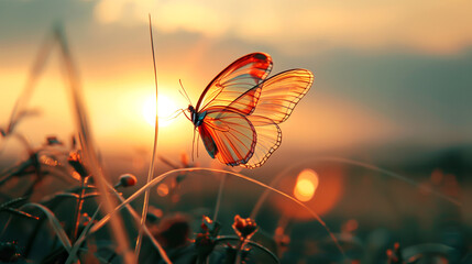 Silhouette of a butterfly on a grass in sun light. AI Generative