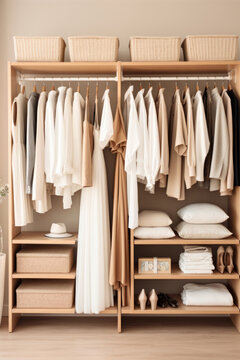 Elegant and tidy interior with organized wardrobe shelves and clothing