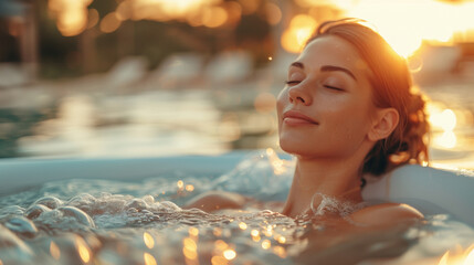 A young woman enjoys the last rays of sunshine as she relaxes while taking a bubble bath in a spa on vacation. moments of healing ritual for body and mind. - Powered by Adobe