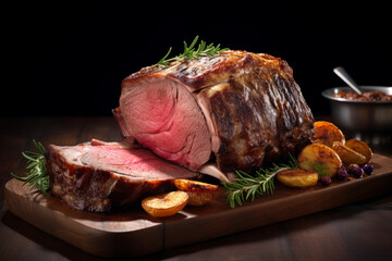 Juicy roast beef on wooden board with garnish