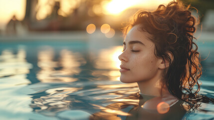 A young woman immersed in the water of a swimming pool enjoys and relaxes during her vacation away from the routine stress of the day. healing ritual for the mind. - Powered by Adobe