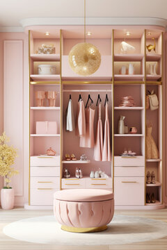Pink and golden luxurious custom walk in closet with organized storage and a stylish pink ottoman