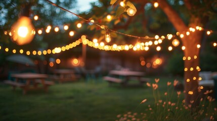 Soft orbs of glowing string lights cast a warm haze over the scene framing a relaxed backyard barbecue where rows of lawn chairs and picnic tables blend into a dreamy blur. . - obrazy, fototapety, plakaty