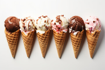 Variety of ice cream scoops in waffle cones on white table