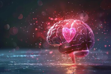 brain with heart shape mental health and selflove concept digital illustration - obrazy, fototapety, plakaty