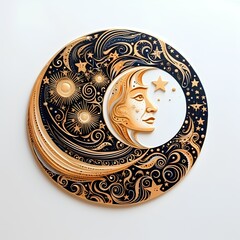 golden crescent moon with stars and female face on white background