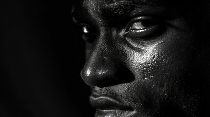 In this monochrome portrait a proud Black mans face is illuminated by a single ray of light emphasizing the deep coffee hues and warm undertones in his skin. The simplicity of the . - obrazy, fototapety, plakaty