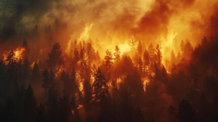 Fototapeta na wymiar A forest fire is raging through a wooded area, with trees and brush burning in the distance. The sky is hazy