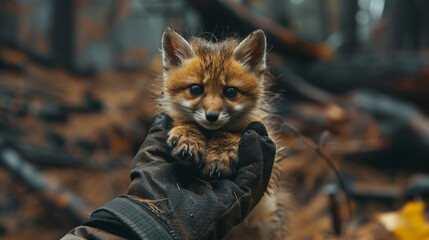 Obraz premium A firefighter holds a fox cub in his arms in the forest. The fox cub is small and cute, and the man is wearing gloves